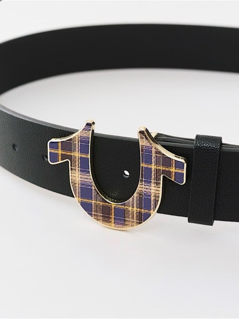 Men’s True Religion plaid horse shoe belt Sz 32